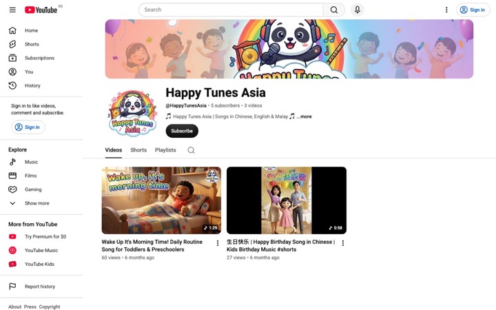 Screenshot of the Happy Tunes Asia YouTube channel